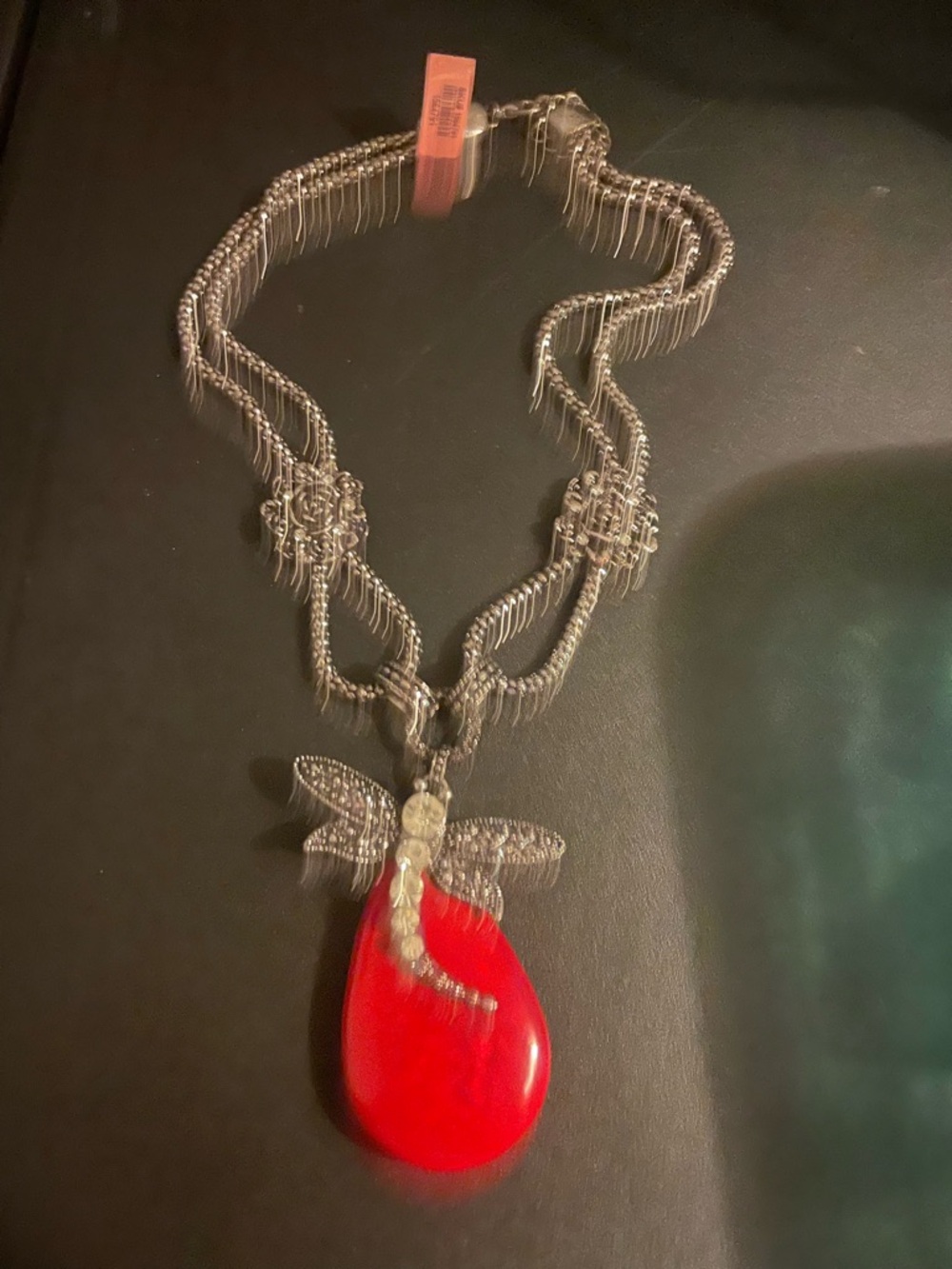 Silver Dragonfly Necklace with Red Teardrop Pendant